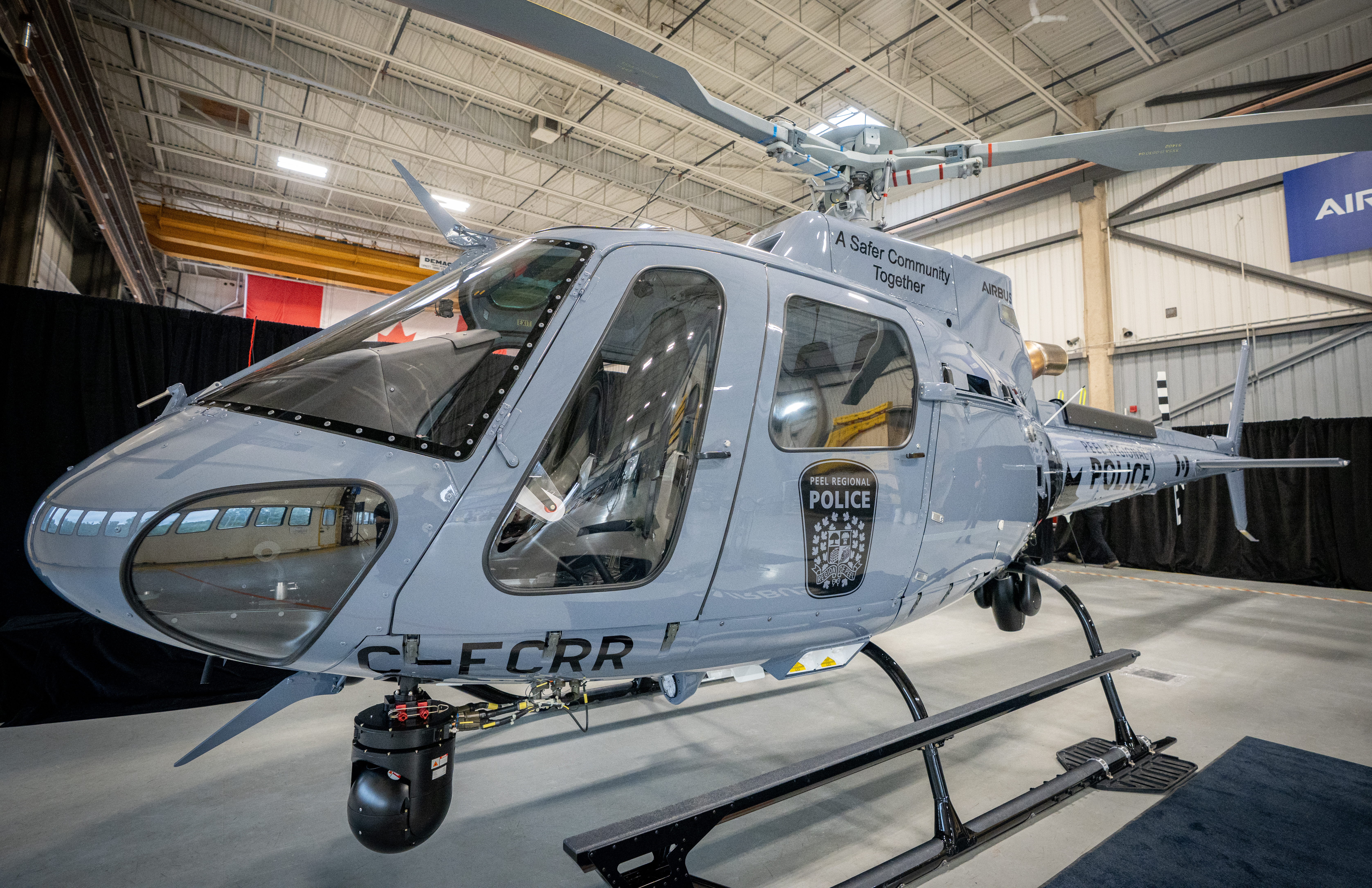 Peel Regional Police helicopter in hangar