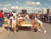 Peel officers competing in a charity bed race in 1982.