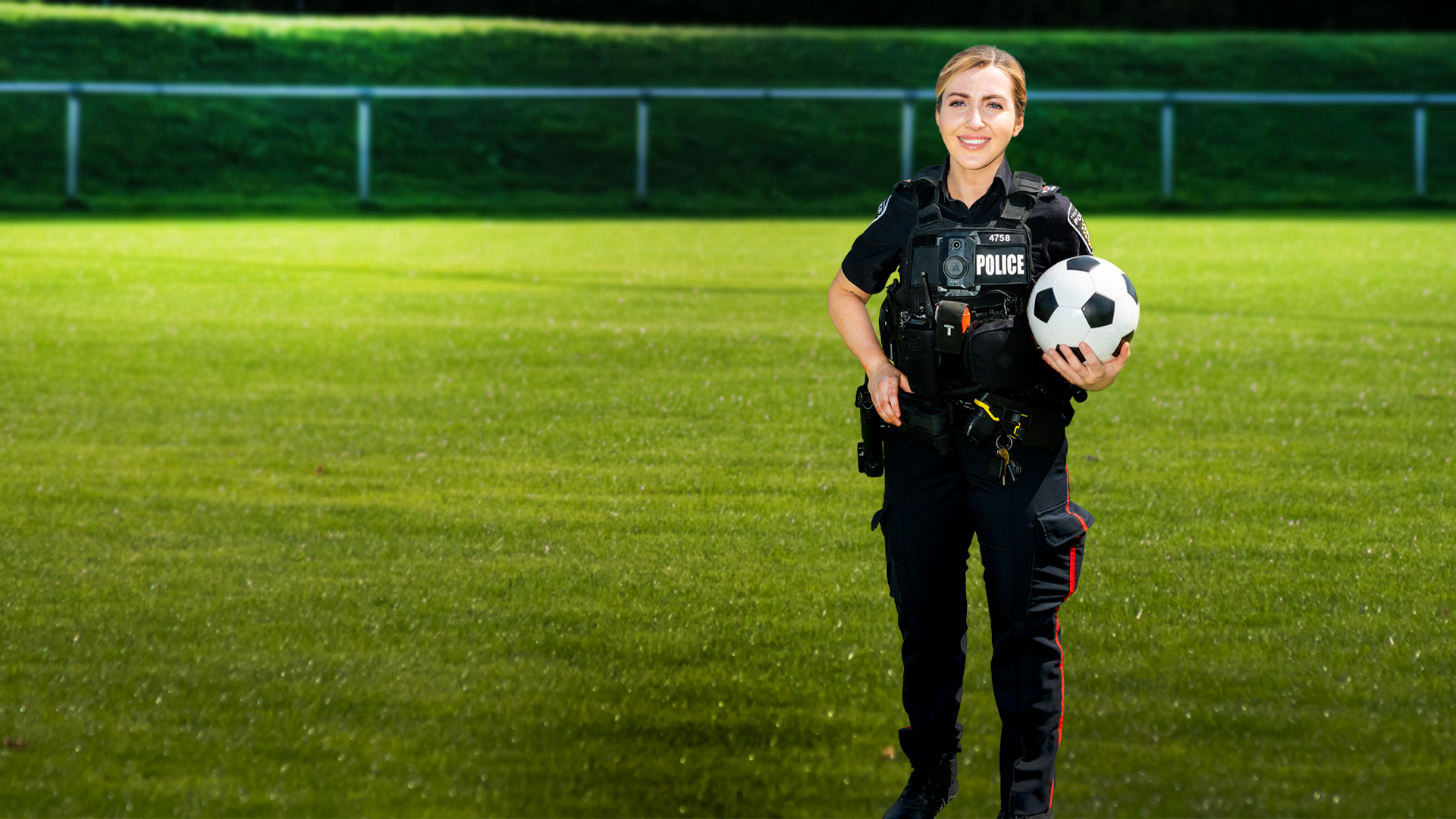 Female police officer holding soccer ball