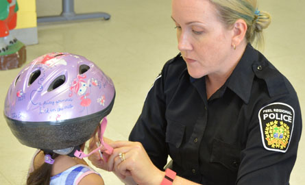Employee putting helmet onto child